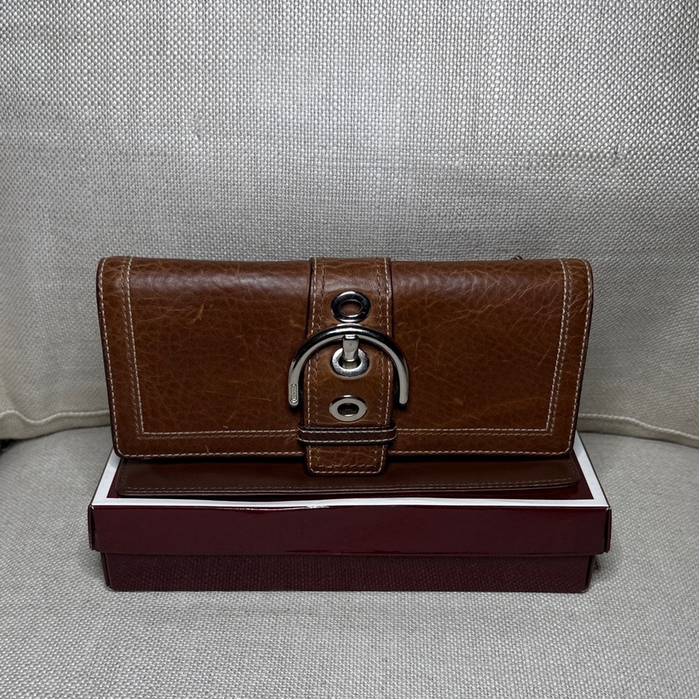 Coach Soho Tobacco Pebbled Leather Nickel Buckle Full size Wallet